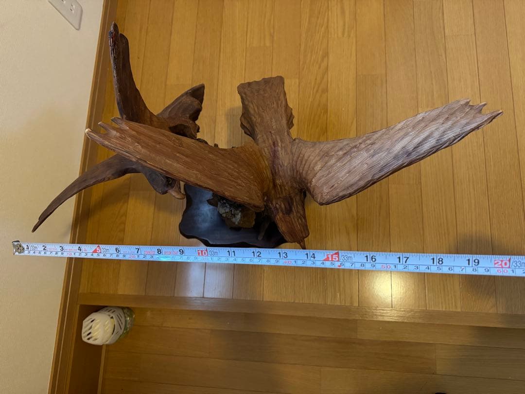一点物 流木彫刻 飛翔する鳥 2羽 木製オブジェ 高級インテリア 台座付
