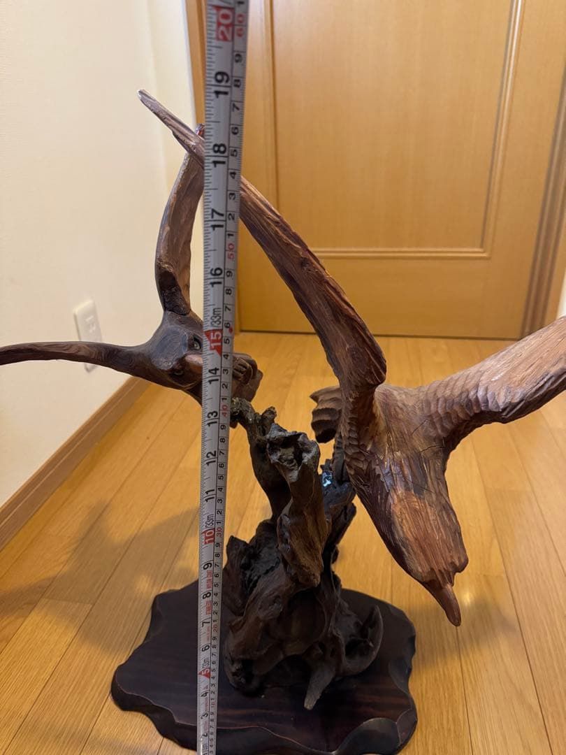 一点物 流木彫刻 飛翔する鳥 2羽 木製オブジェ 高級インテリア 台座付