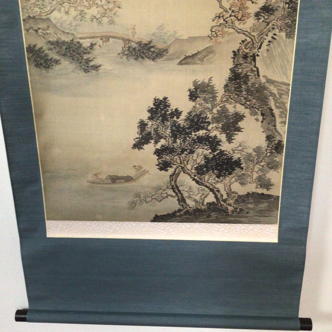 No3616 掛軸　在銘　雪罨　風雨帰舟図　山水　共箱　中国画　古美術　送料無料