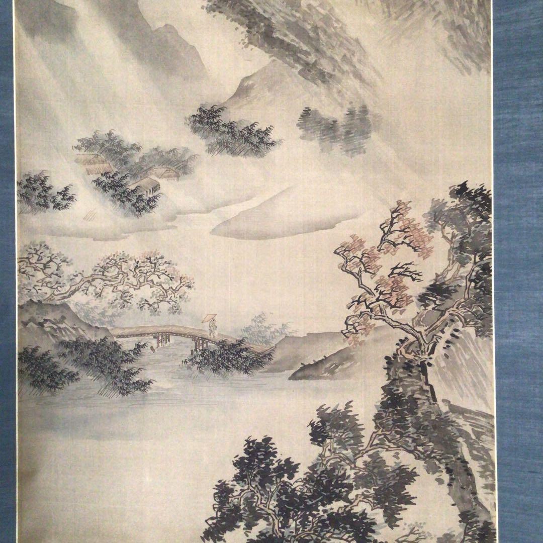No3616 掛軸　在銘　雪罨　風雨帰舟図　山水　共箱　中国画　古美術　送料無料