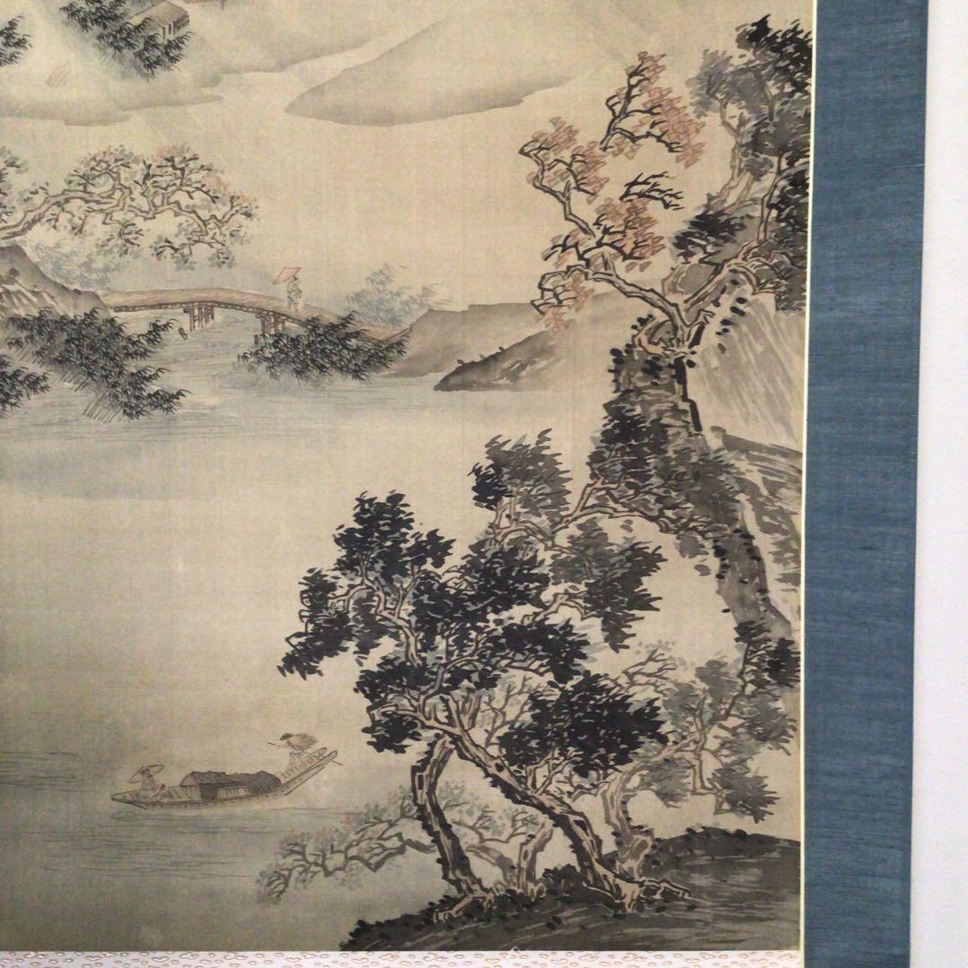 No3616 掛軸　在銘　雪罨　風雨帰舟図　山水　共箱　中国画　古美術　送料無料