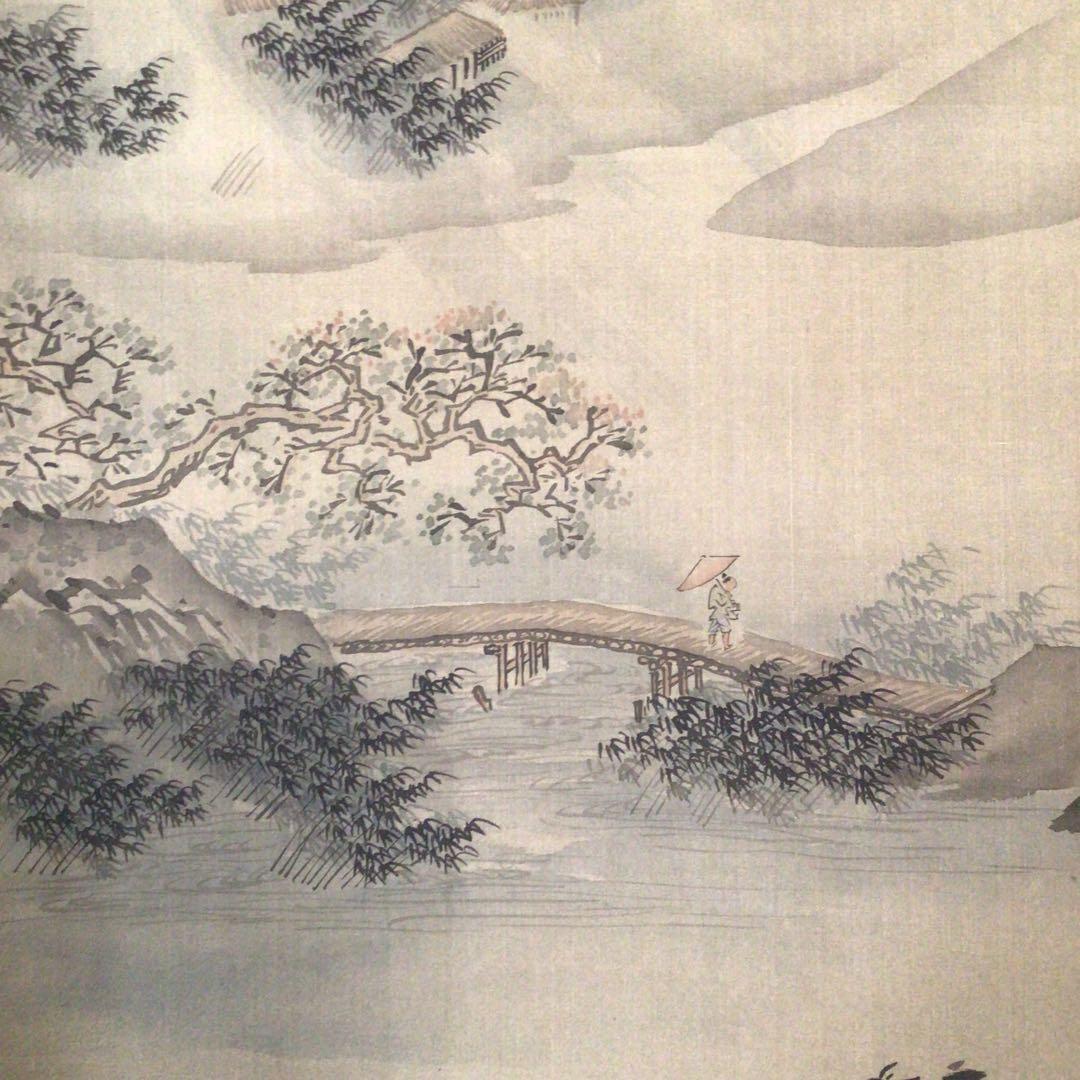 No3616 掛軸　在銘　雪罨　風雨帰舟図　山水　共箱　中国画　古美術　送料無料