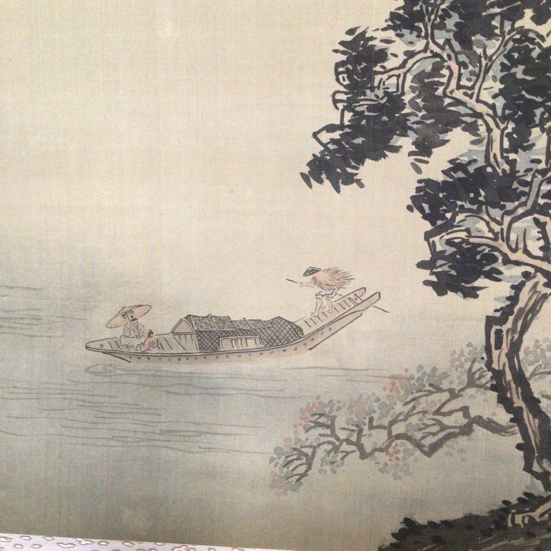 No3616 掛軸　在銘　雪罨　風雨帰舟図　山水　共箱　中国画　古美術　送料無料