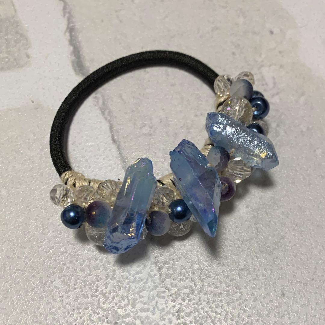 ハーフ シュシュ☆ビーズ ヘアゴム☆ハンドメイド 電気メッキ水晶