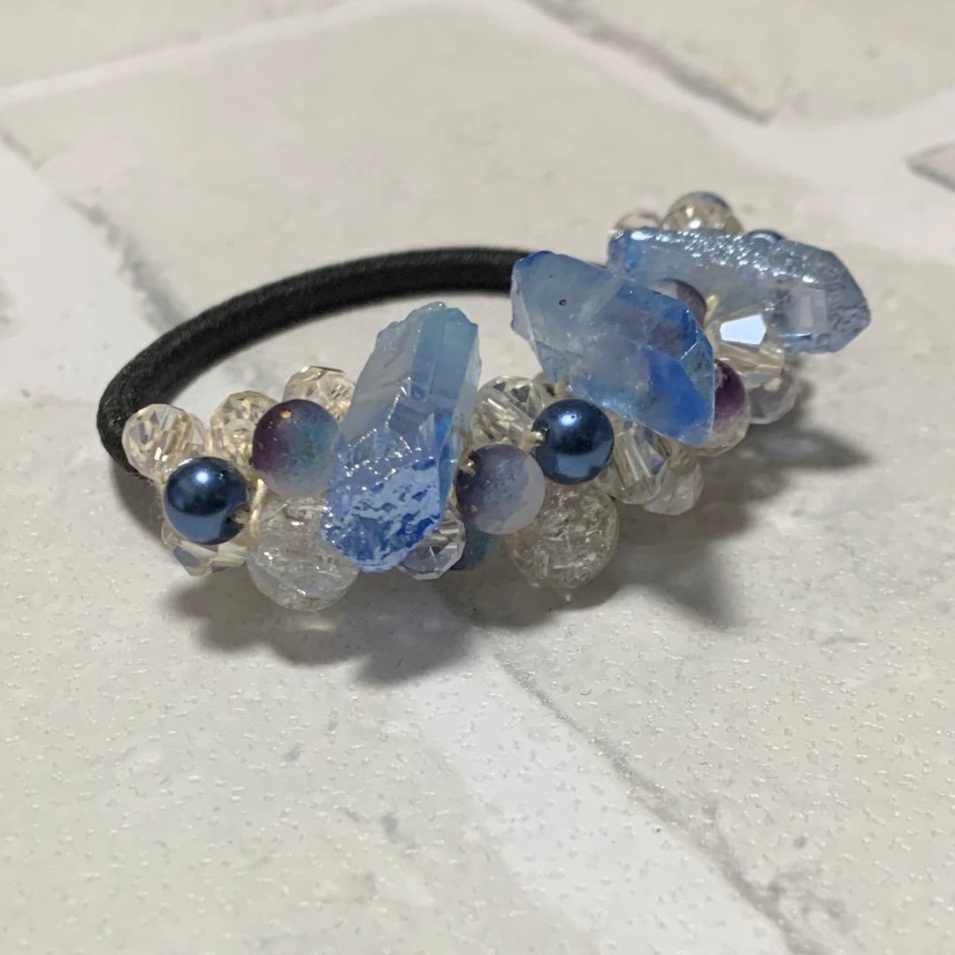 ハーフ シュシュ☆ビーズ ヘアゴム☆ハンドメイド 電気メッキ水晶