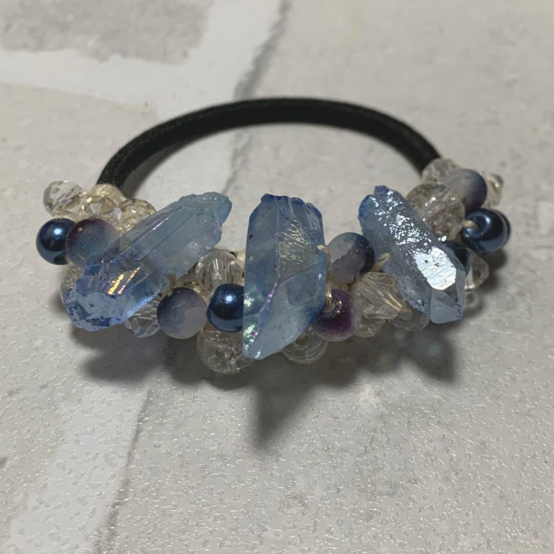 ハーフ シュシュ☆ビーズ ヘアゴム☆ハンドメイド 電気メッキ水晶