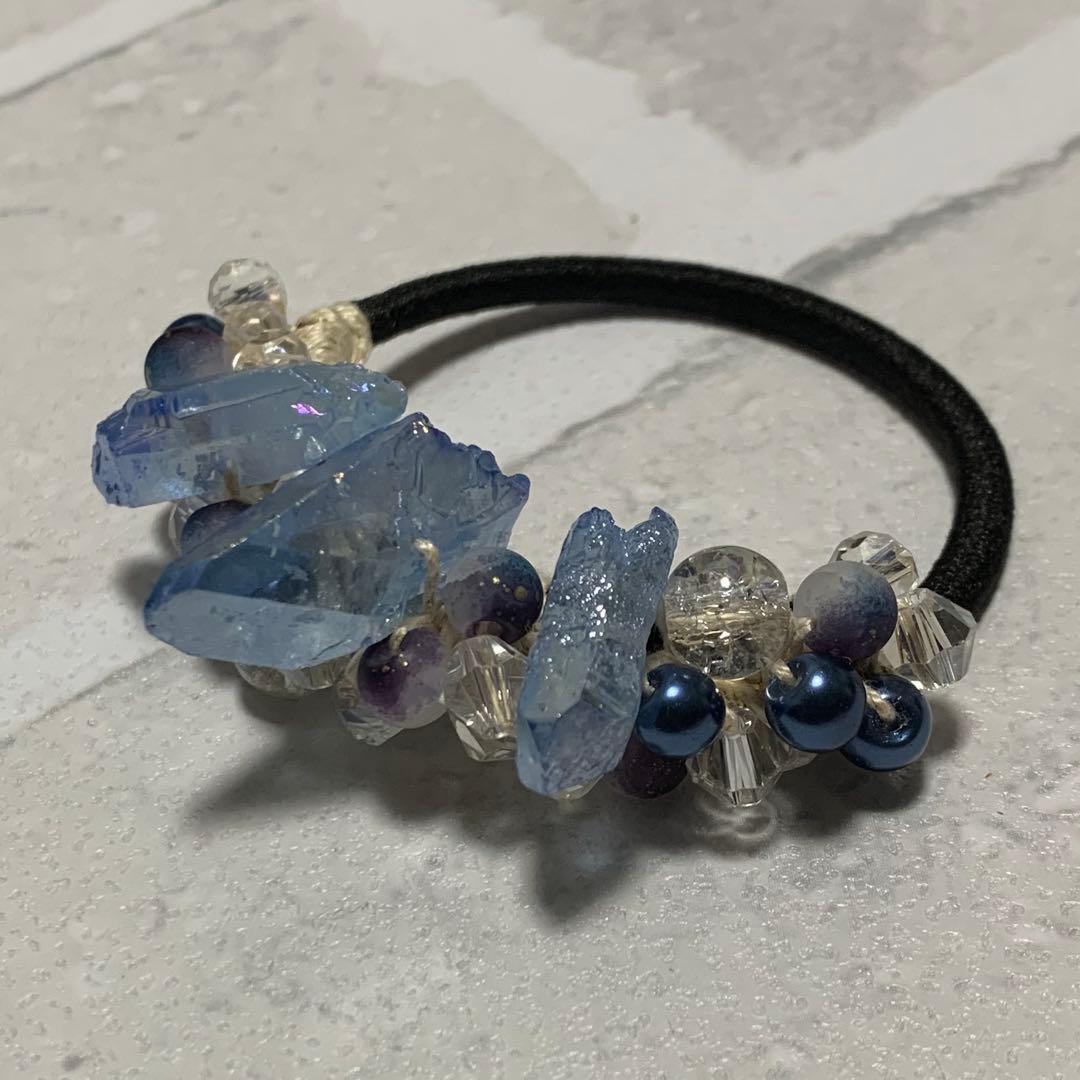 ハーフ シュシュ☆ビーズ ヘアゴム☆ハンドメイド 電気メッキ水晶