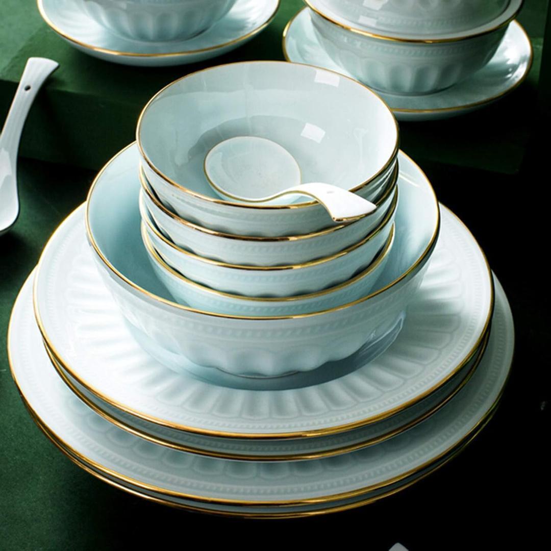 クラシック陶器食器ディナーセット・56ピースギフトボックスレリーフ青磁食器セット