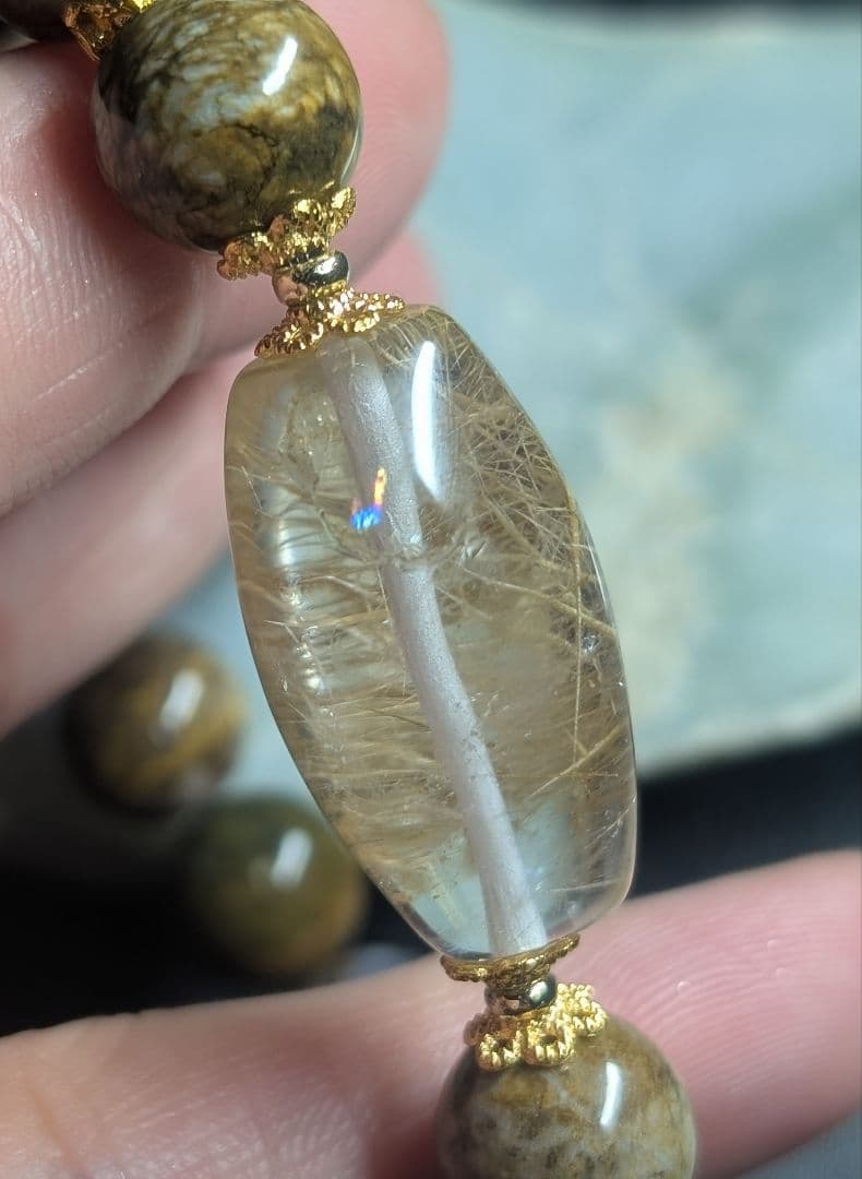 希少虹入り個性的シックホワイト☓ゴールドルチル天珠型☓ピクチャーオパールデサブレ