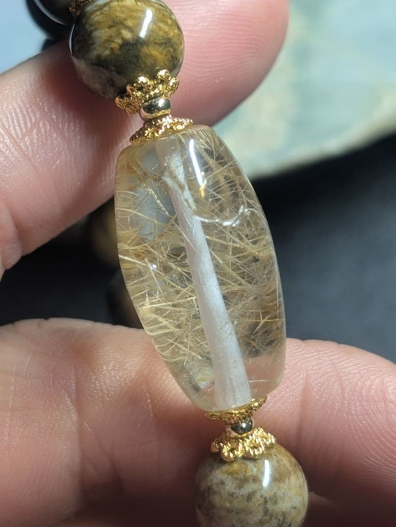 希少虹入り個性的シックホワイト☓ゴールドルチル天珠型☓ピクチャーオパールデサブレ