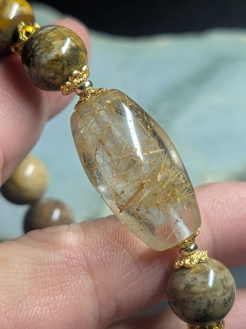 希少虹入り個性的シックホワイト☓ゴールドルチル天珠型☓ピクチャーオパールデサブレ