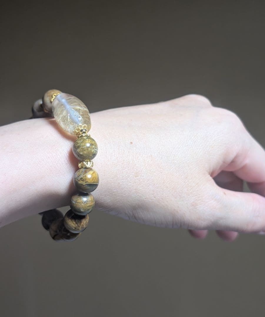 希少虹入り個性的シックホワイト☓ゴールドルチル天珠型☓ピクチャーオパールデサブレ