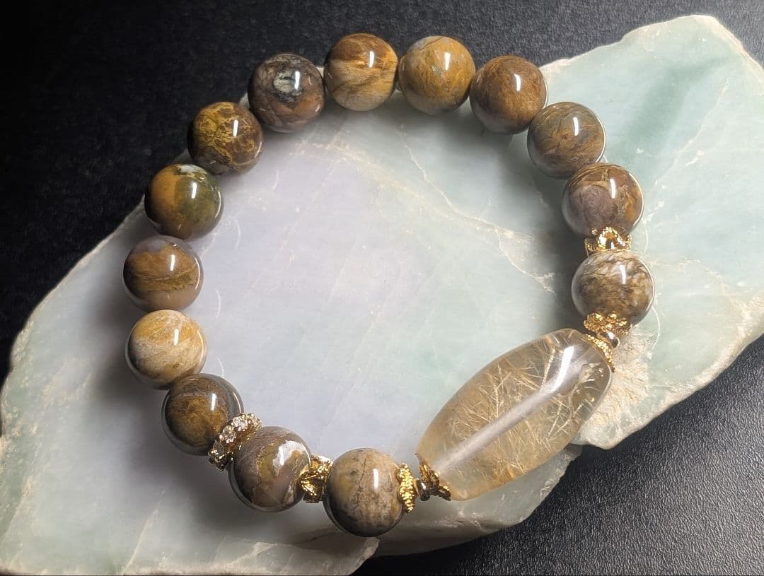 希少虹入り個性的シックホワイト☓ゴールドルチル天珠型☓ピクチャーオパールデサブレ