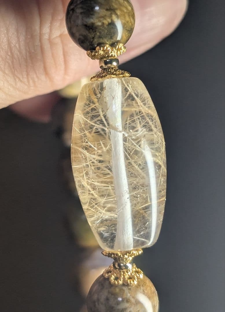 希少虹入り個性的シックホワイト☓ゴールドルチル天珠型☓ピクチャーオパールデサブレ