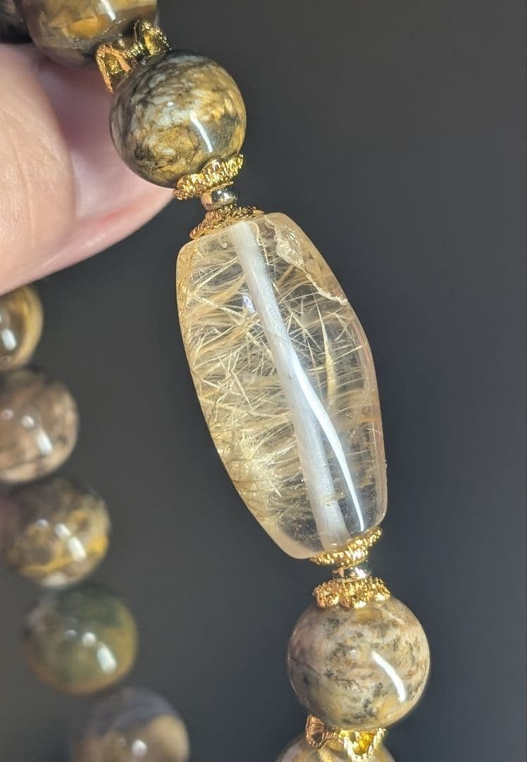 希少虹入り個性的シックホワイト☓ゴールドルチル天珠型☓ピクチャーオパールデサブレ