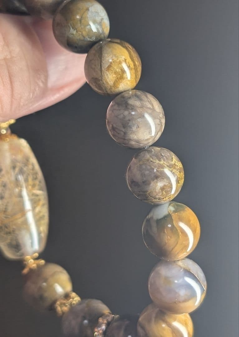 希少虹入り個性的シックホワイト☓ゴールドルチル天珠型☓ピクチャーオパールデサブレ