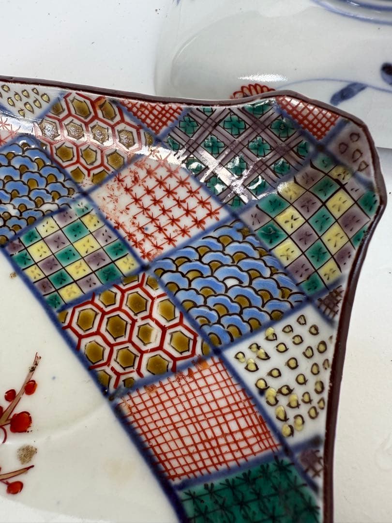 【色絵】九谷焼風 色絵角皿 5客揃い 花鳥文様和皿 古伊万里風【アンティーク風】