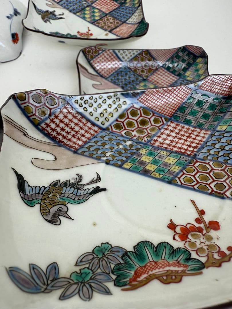 【色絵】九谷焼風 色絵角皿 5客揃い 花鳥文様和皿 古伊万里風【アンティーク風】