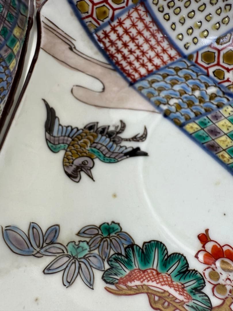 【色絵】九谷焼風 色絵角皿 5客揃い 花鳥文様和皿 古伊万里風【アンティーク風】