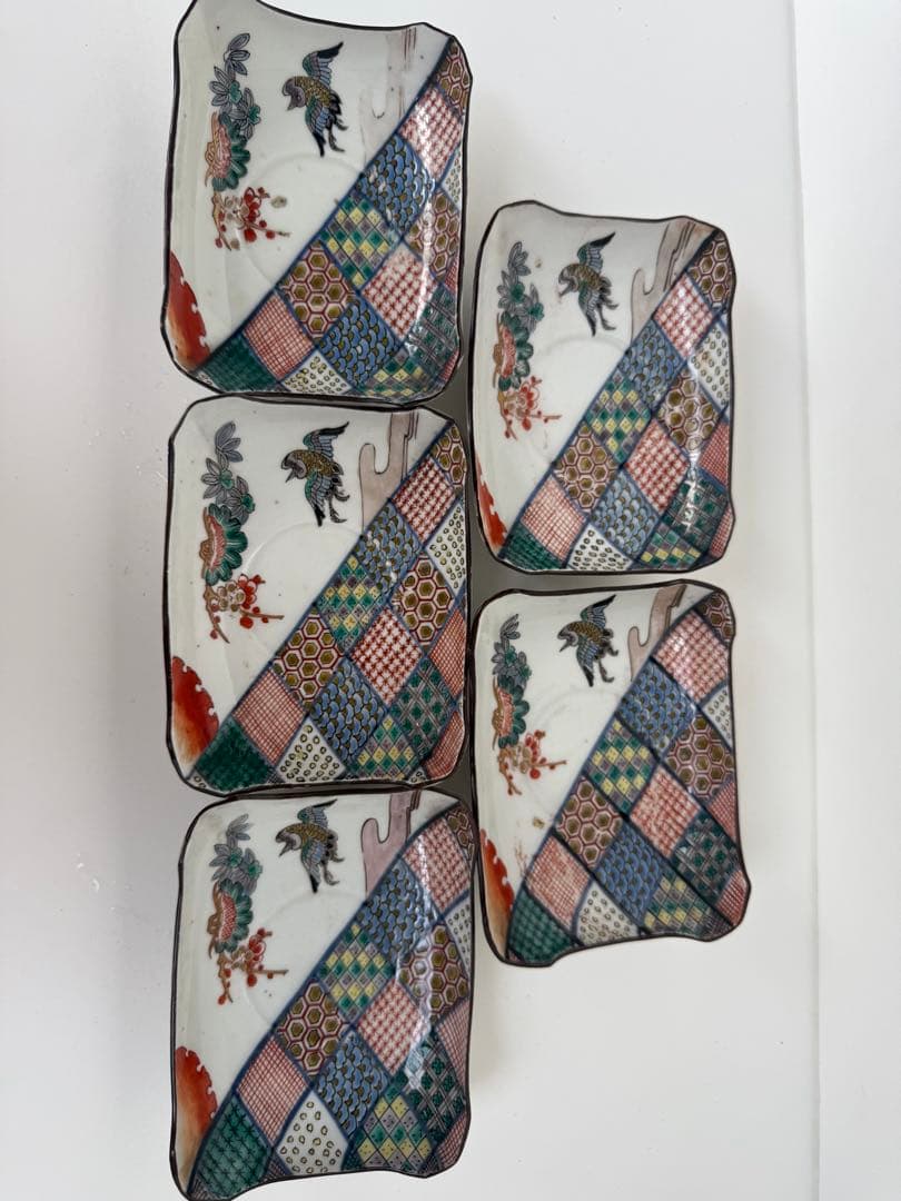 【色絵】九谷焼風 色絵角皿 5客揃い 花鳥文様和皿 古伊万里風【アンティーク風】