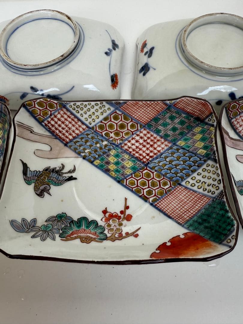 【色絵】九谷焼風 色絵角皿 5客揃い 花鳥文様和皿 古伊万里風【アンティーク風】