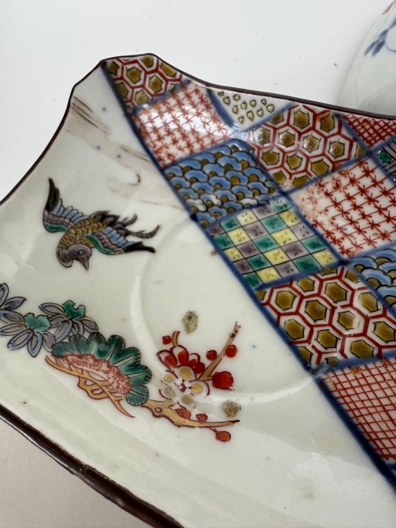 【色絵】九谷焼風 色絵角皿 5客揃い 花鳥文様和皿 古伊万里風【アンティーク風】