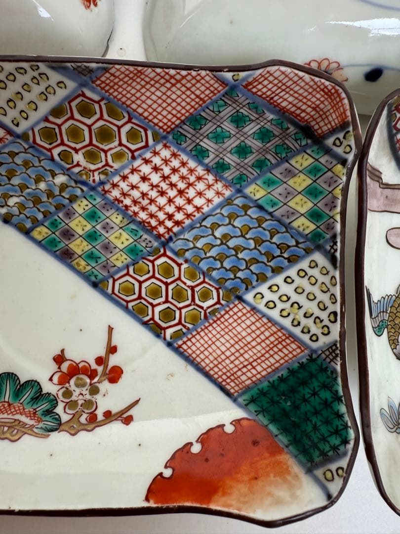 【色絵】九谷焼風 色絵角皿 5客揃い 花鳥文様和皿 古伊万里風【アンティーク風】