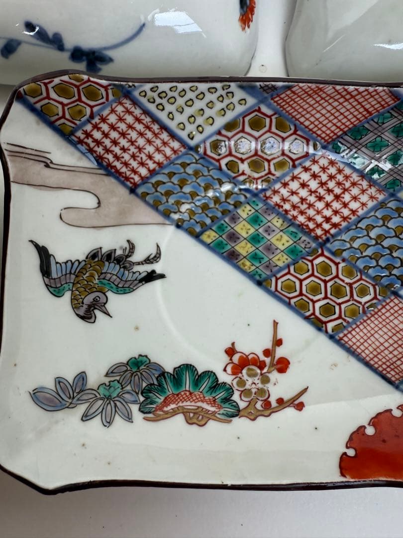 【色絵】九谷焼風 色絵角皿 5客揃い 花鳥文様和皿 古伊万里風【アンティーク風】