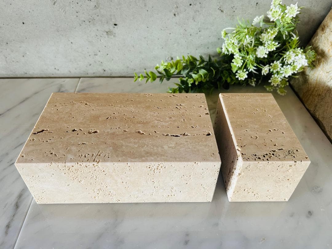 天然大理石　イタリア　トラバーチン●ブロック　2個セット●ディスプレイ●送料無料