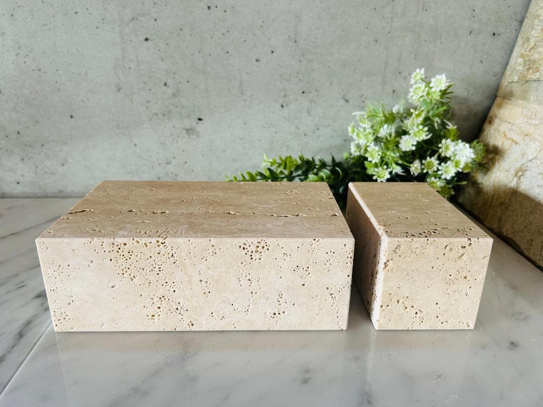 天然大理石　イタリア　トラバーチン●ブロック　2個セット●ディスプレイ●送料無料