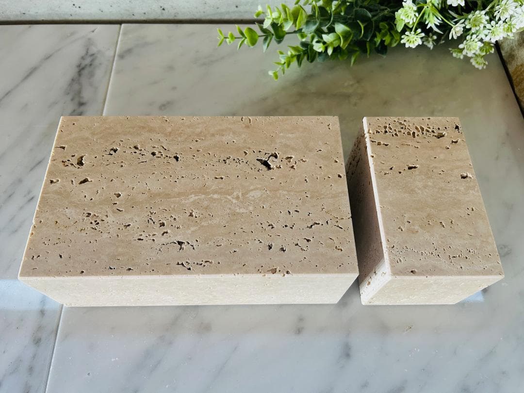 天然大理石　イタリア　トラバーチン●ブロック　2個セット●ディスプレイ●送料無料