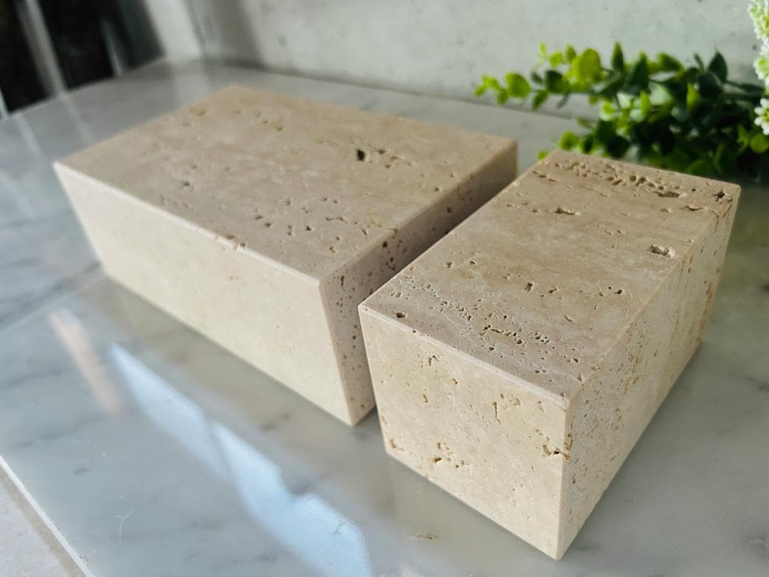 天然大理石　イタリア　トラバーチン●ブロック　2個セット●ディスプレイ●送料無料