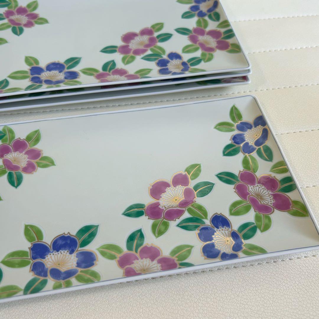 有田焼　藍窯　銀彩　椿　長角皿　4枚セット　色絵　長皿　金彩　山茶花　花柄　和柄