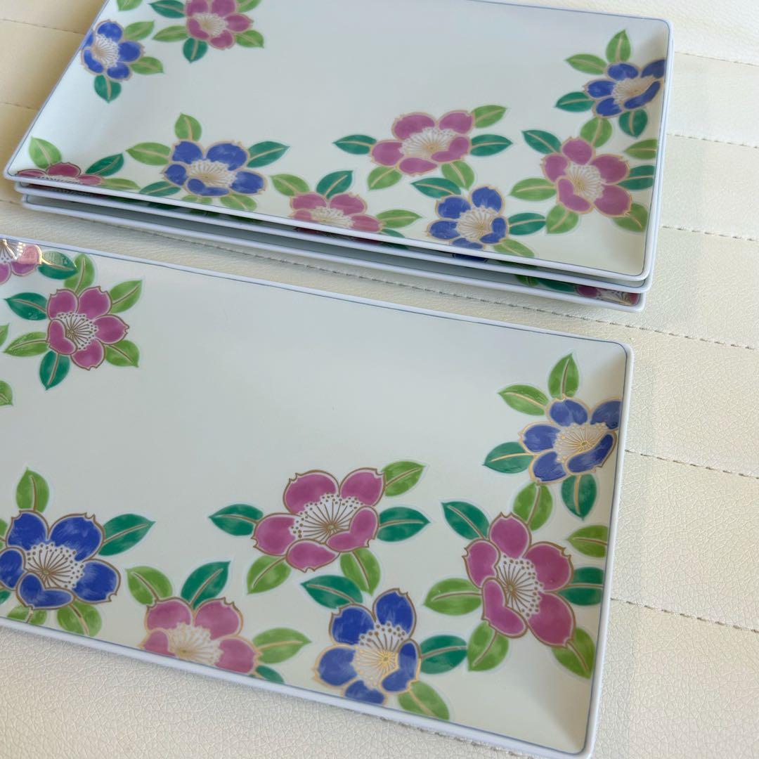 有田焼　藍窯　銀彩　椿　長角皿　4枚セット　色絵　長皿　金彩　山茶花　花柄　和柄