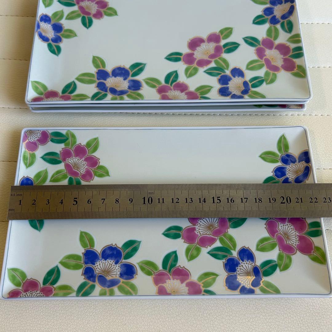 有田焼　藍窯　銀彩　椿　長角皿　4枚セット　色絵　長皿　金彩　山茶花　花柄　和柄