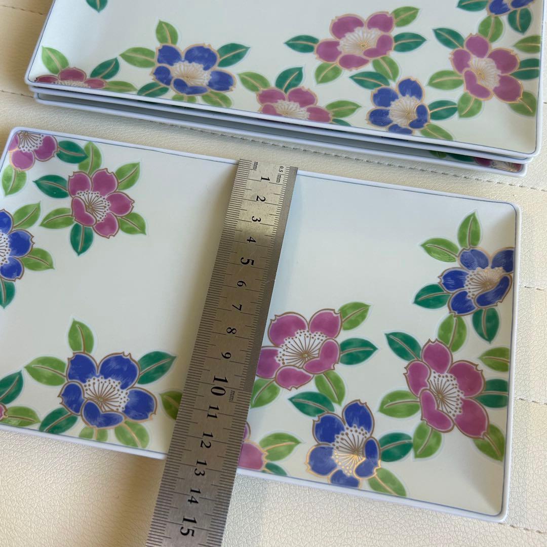 有田焼　藍窯　銀彩　椿　長角皿　4枚セット　色絵　長皿　金彩　山茶花　花柄　和柄