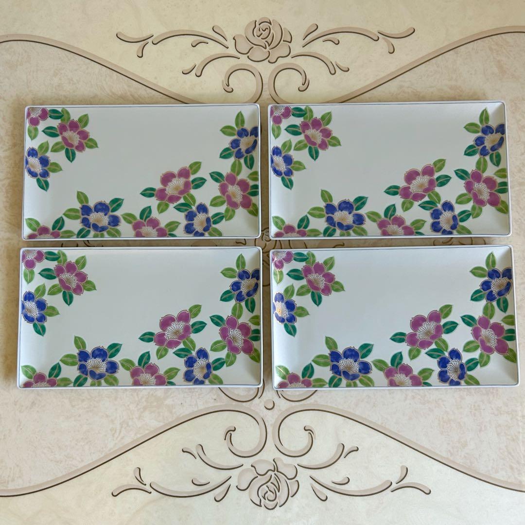 有田焼　藍窯　銀彩　椿　長角皿　4枚セット　色絵　長皿　金彩　山茶花　花柄　和柄