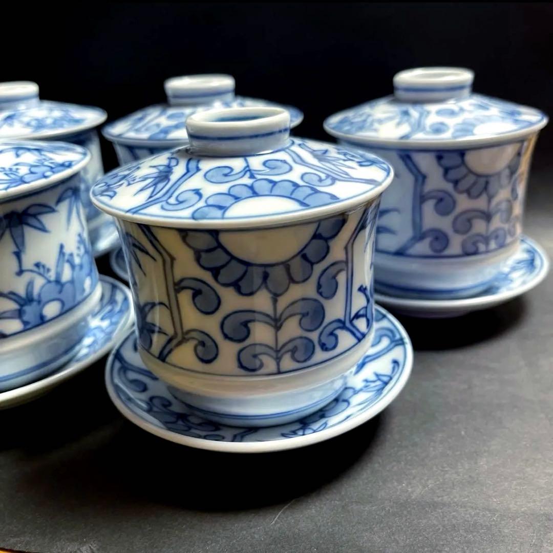 賞美堂　其泉窯 染付　汲み出し　蓋/皿付き湯呑み　湯呑み　5点