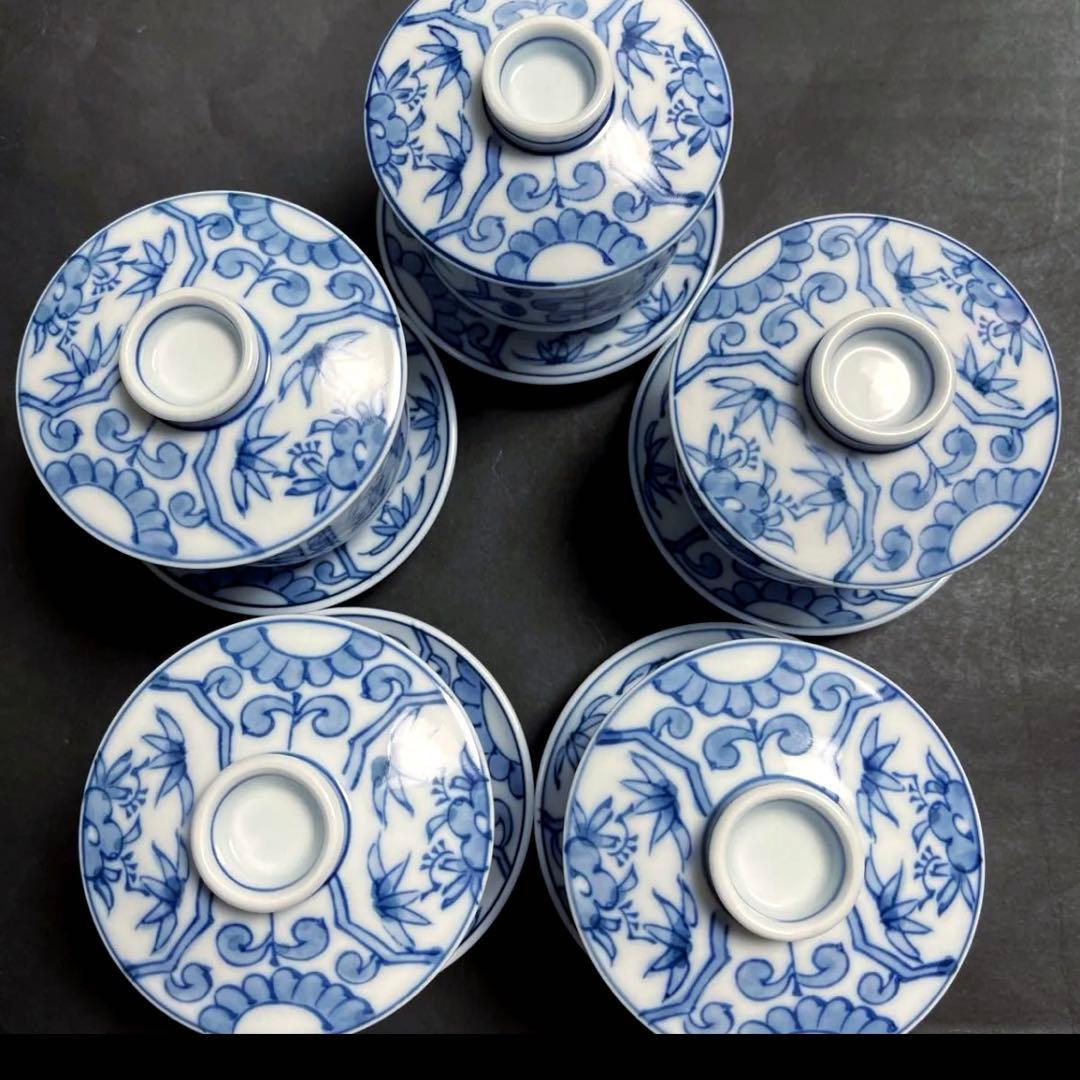 賞美堂　其泉窯 染付　汲み出し　蓋/皿付き湯呑み　湯呑み　5点