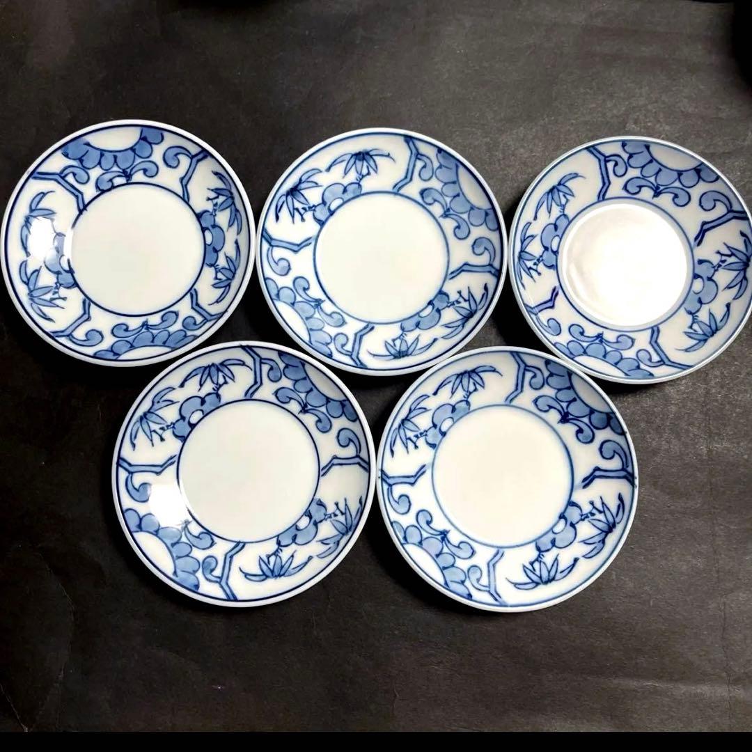 賞美堂　其泉窯 染付　汲み出し　蓋/皿付き湯呑み　湯呑み　5点