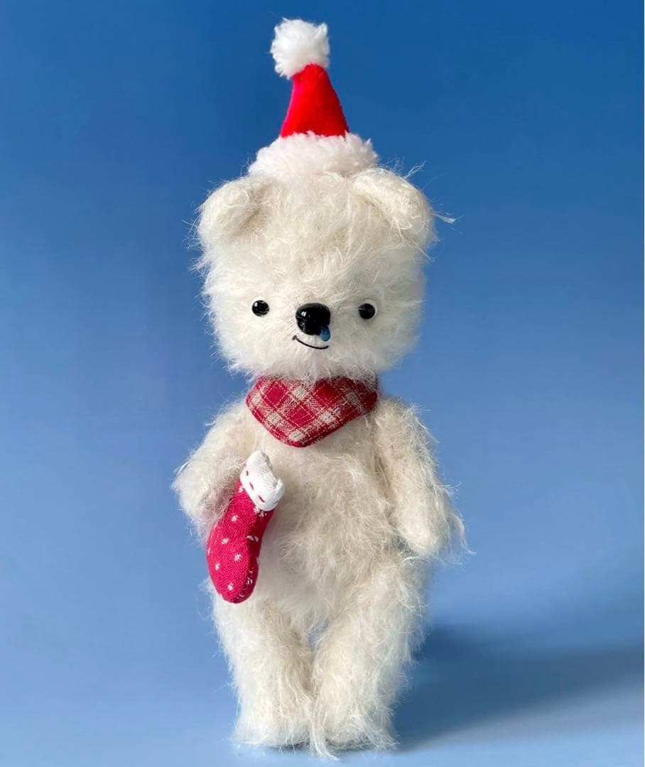 サンタさん白い仔犬 ぬいぐるみ アーティストベア 海外作家様 ハンドメイド