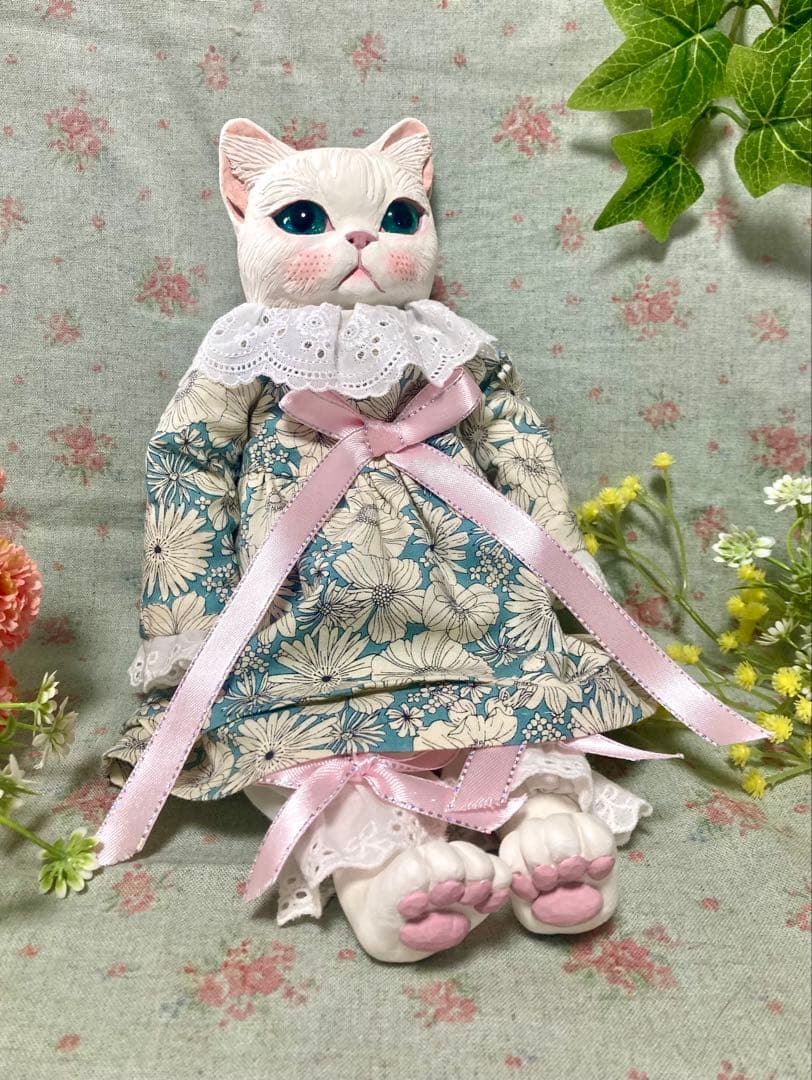 猫、31cm、粘土人形、布人形、オブジェ、手作り、衣装&髪飾りセット、白猫