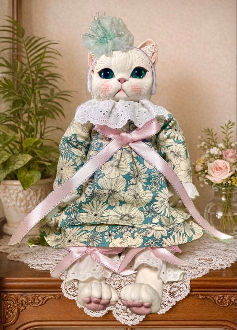 猫、31cm、粘土人形、布人形、オブジェ、手作り、衣装&髪飾りセット、白猫
