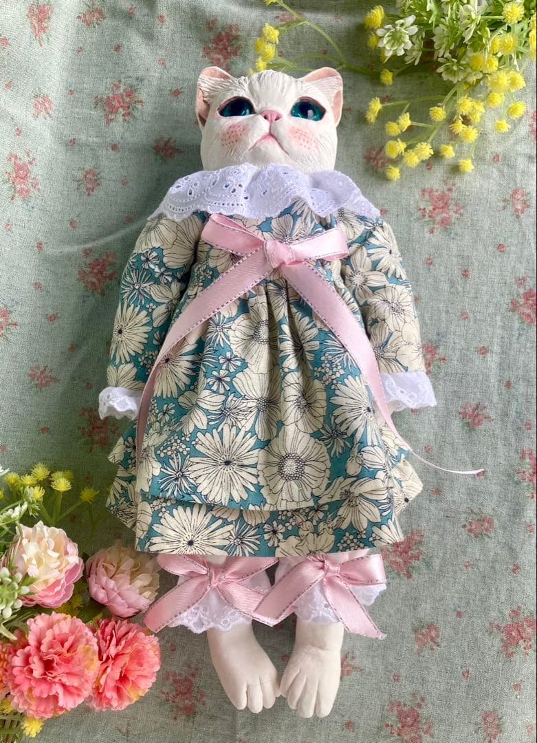 猫、31cm、粘土人形、布人形、オブジェ、手作り、衣装&髪飾りセット、白猫