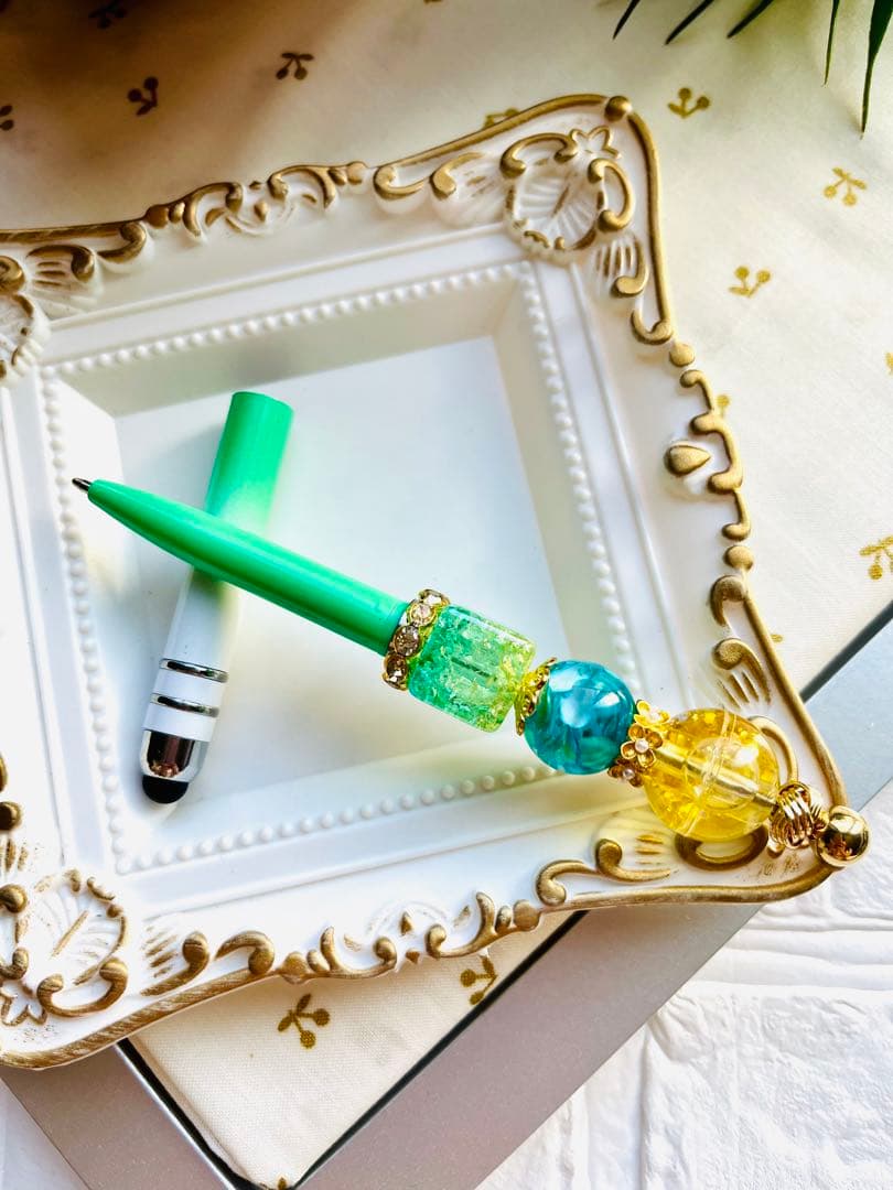 NO.384 カスタムボールペンandタッチペン　グリーン　ウォータービーズ