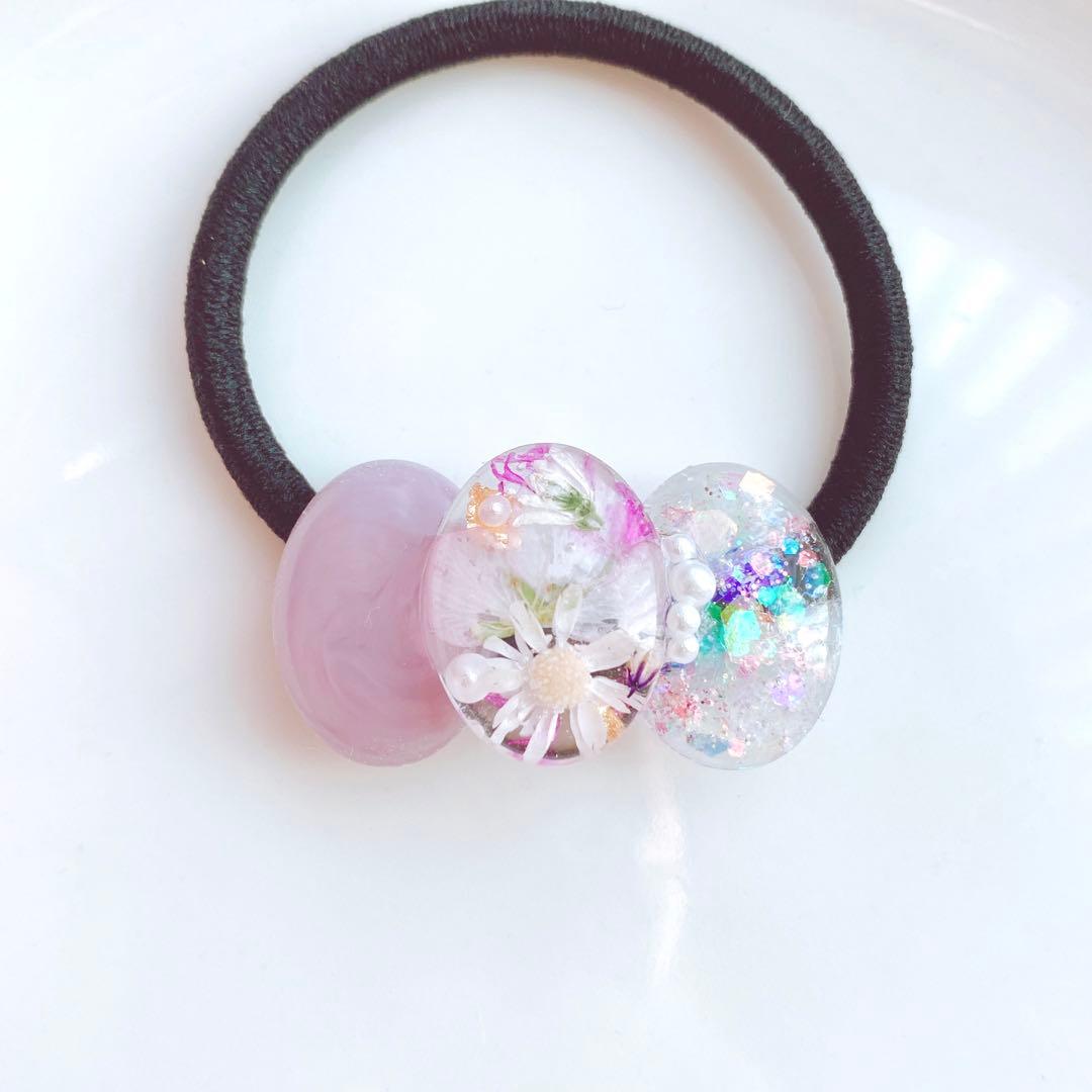 レジンヘアゴム　クリップ　3連　ラベンダー　淡色　オーロラ　桜　春夏