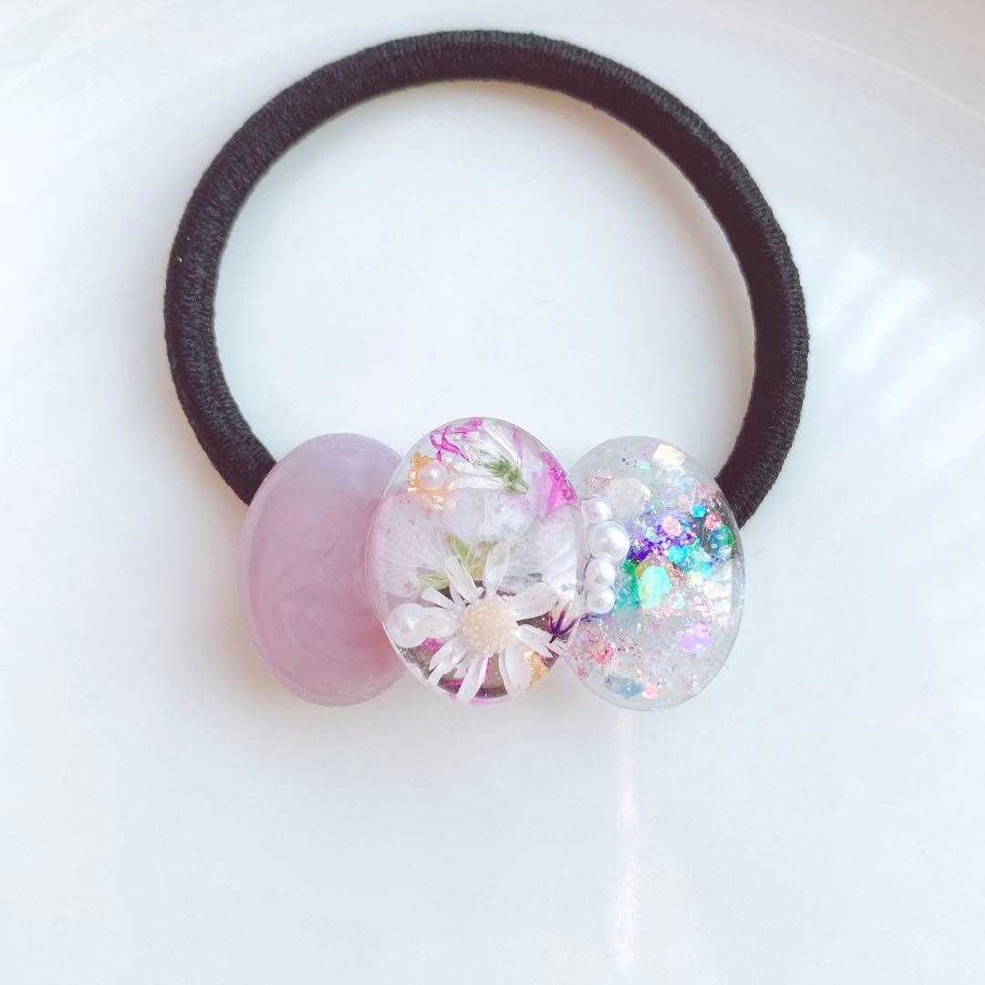 レジンヘアゴム　クリップ　3連　ラベンダー　淡色　オーロラ　桜　春夏