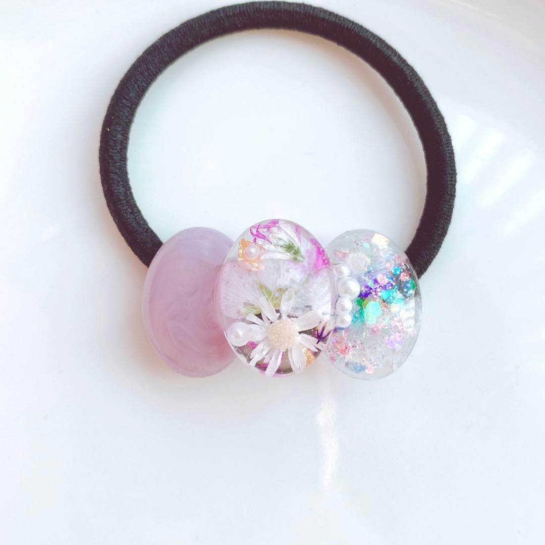 レジンヘアゴム　クリップ　3連　ラベンダー　淡色　オーロラ　桜　春夏