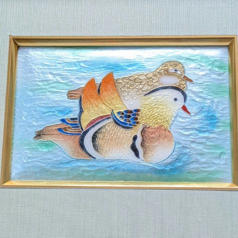 【極美品/未使用】錫半 稲葉七宝 錦雲軒 京七宝 鴛鴦 額装 スタンド付 縁起物