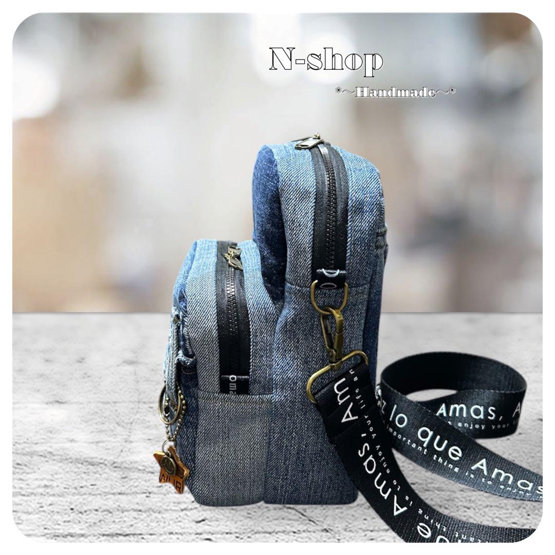 デニム*リメイク♪ダブルスクエアショルダーバッグ❥ハンドメイド❥